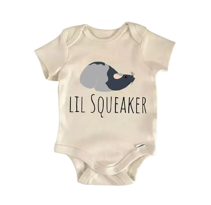 A white baby onesie with a gray cartoon rat and the text "LIL SQUEAKER" printed on it.