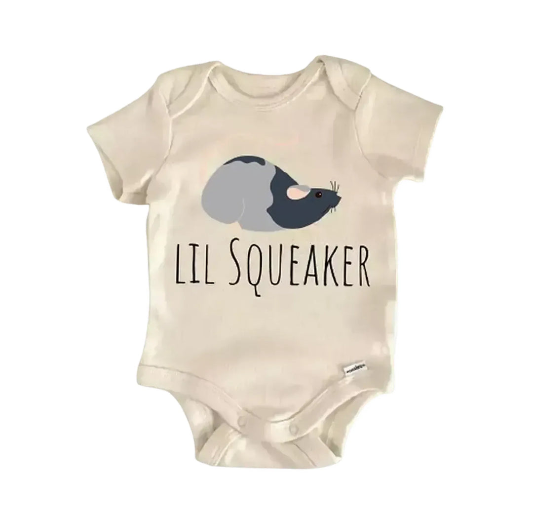 A white baby onesie with a gray cartoon rat and the text "LIL SQUEAKER" printed on it.