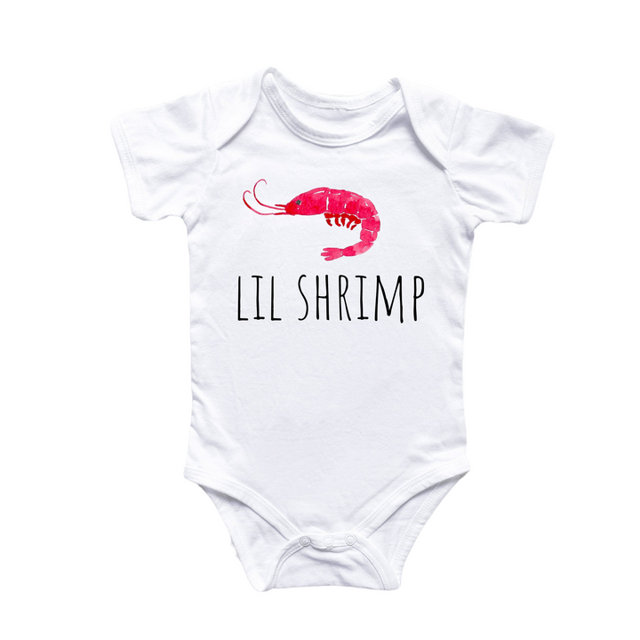 a white bodysuit with a red shrimp on it