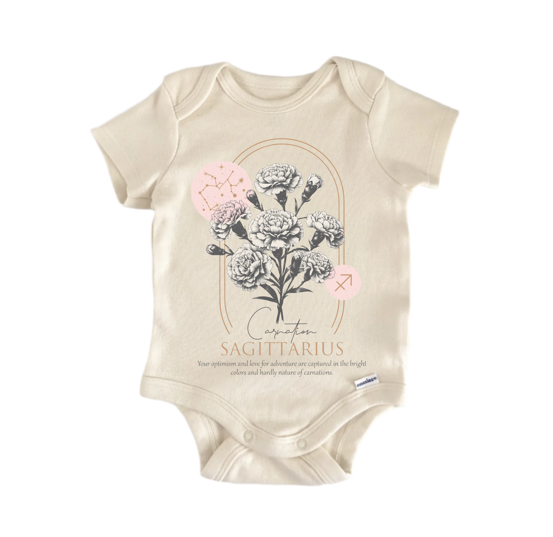 A beige baby onesie with a graphic design featuring a flower and astrological symbols, specifically the Sagittarius zodiac sign.