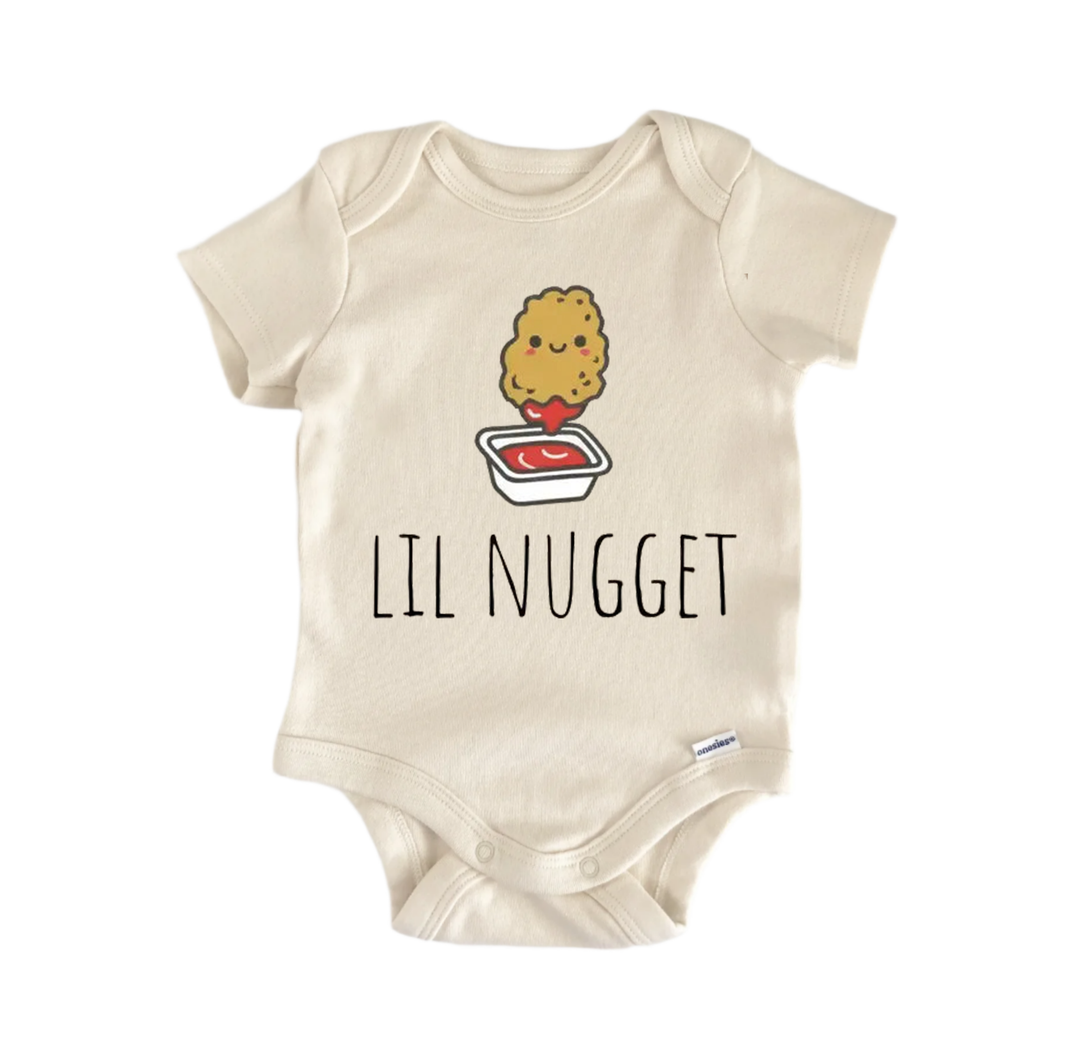 A beige baby onesie with a cartoon image of a fried chicken nugget and the text "LIL NUGGET" printed on it.