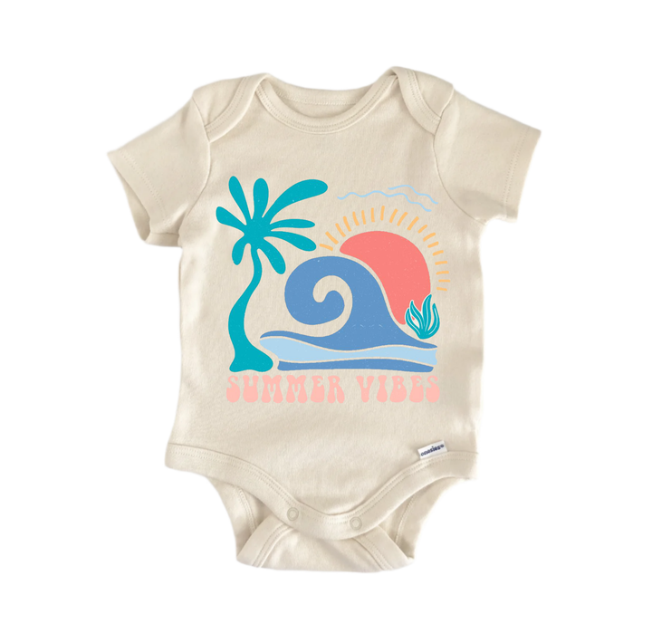 A baby onesie with a colorful graphic design depicting a palm tree, waves, and a sun.