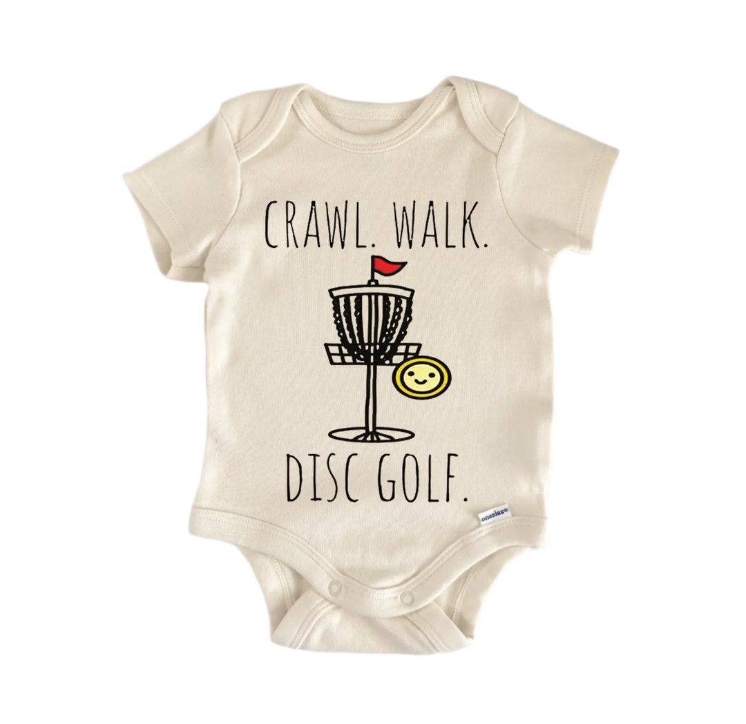 a baby onesie with a graphic design depicting a frisbee golf basket and the text "CRAWL. WALK. DISC GOLF."