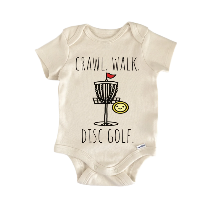 a baby onesie with a graphic design depicting a frisbee golf basket and the text "CRAWL. WALK. DISC GOLF."