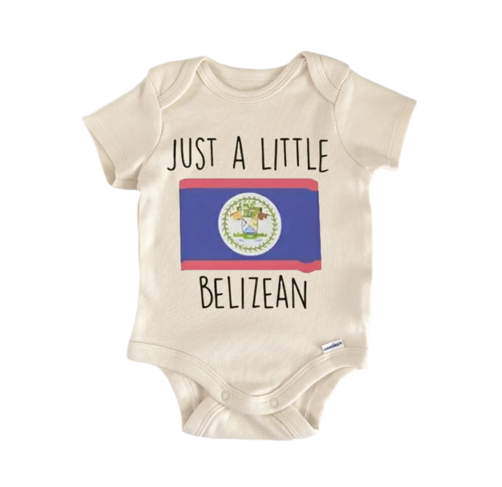 A beige baby onesie with the text "JUST A LITTLE BELIZEAN" printed on it, along with a small Belizean flag graphic.