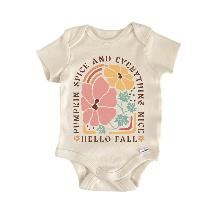 A beige baby onesie with a graphic design featuring pumpkins and flowers, along with the text "Pumpkin spice and everything nice" and "Hello fall" printed on it.