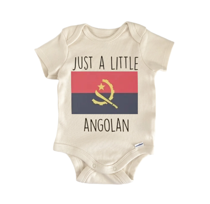 A beige baby onesie with a printed design of the flag of Angola and the text "Just a little Angola" printed on it.