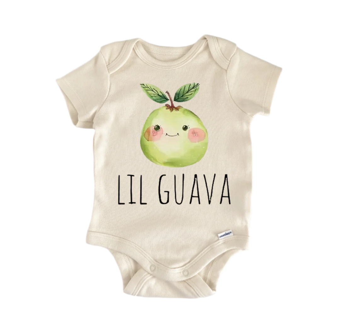 A baby onesie with a green apple graphic and the text "LIL GUAVA" printed on it.