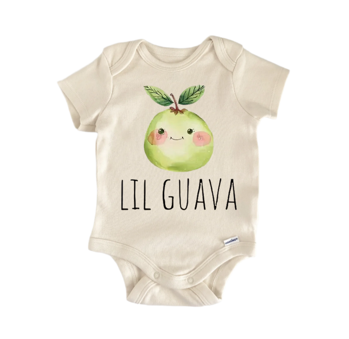 A baby onesie with a green apple graphic and the text "LIL GUAVA" printed on it.