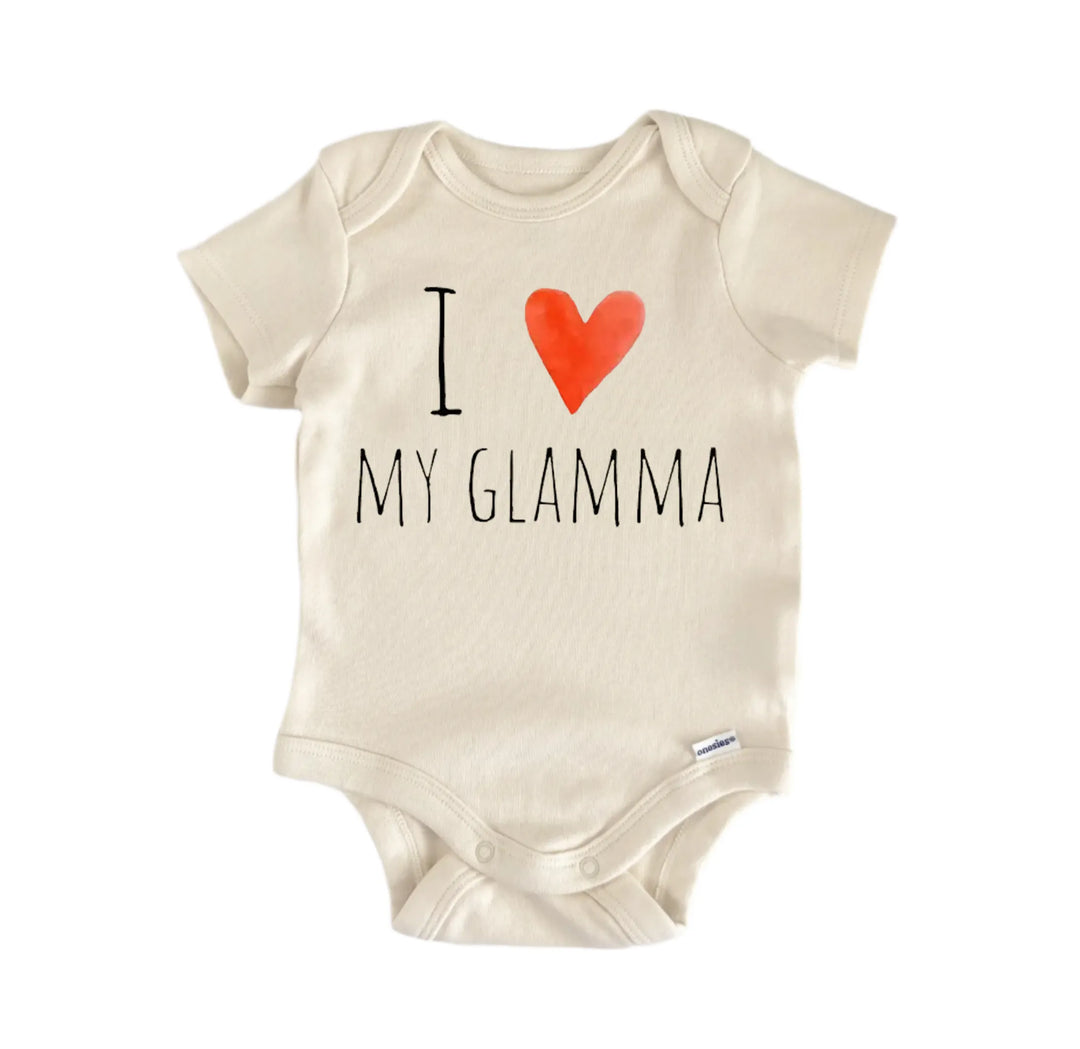 A beige baby onesie with the text "I ♥ MY GLAMMA" printed on it, along with a red heart symbol.