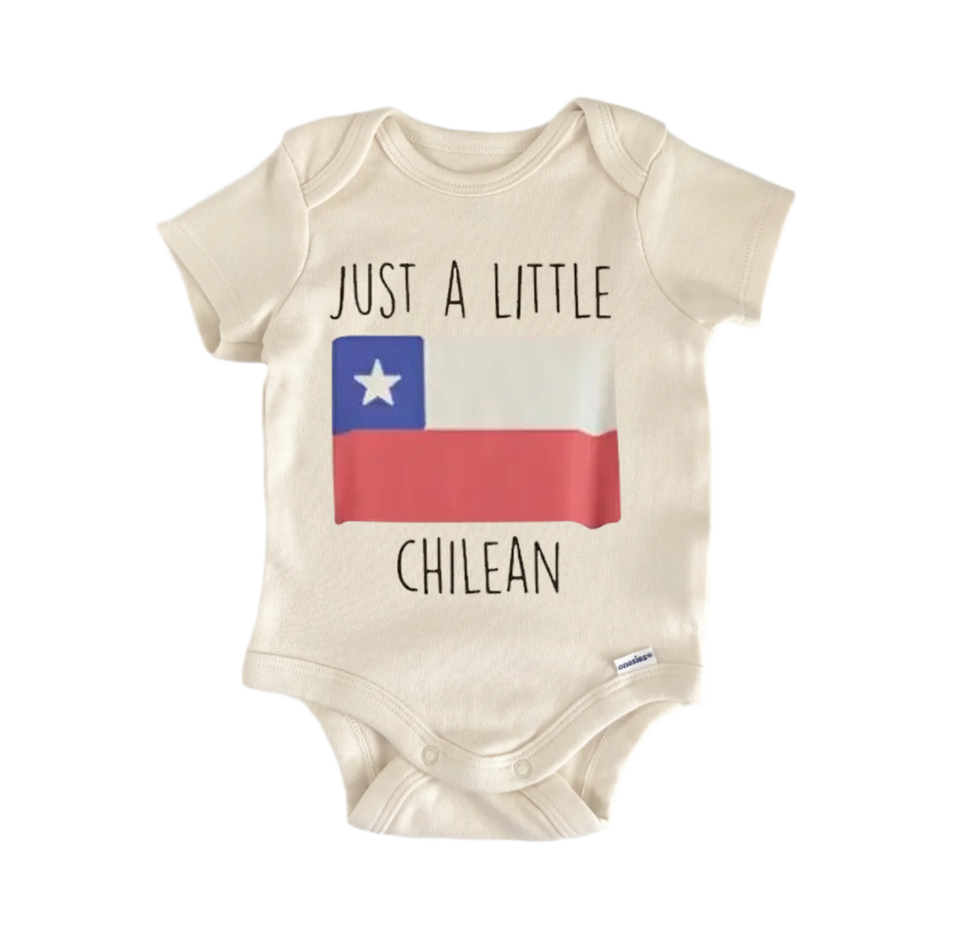A beige baby onesie with a printed design of the Texas state flag and the text "Just a little Chilean" printed on it.
