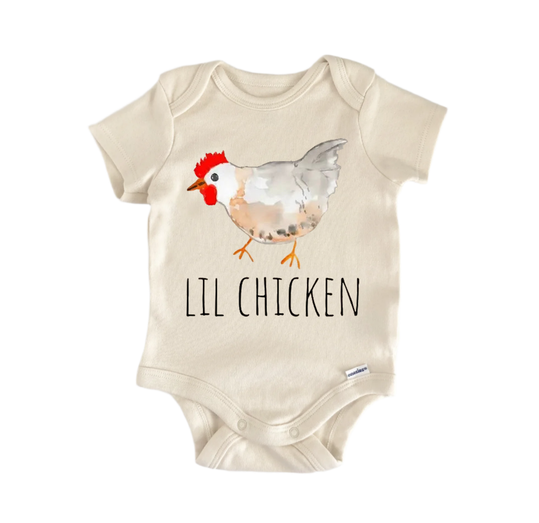 A baby onesie with a printed image of a chicken and the text "LIL CHICKEN" printed on it.