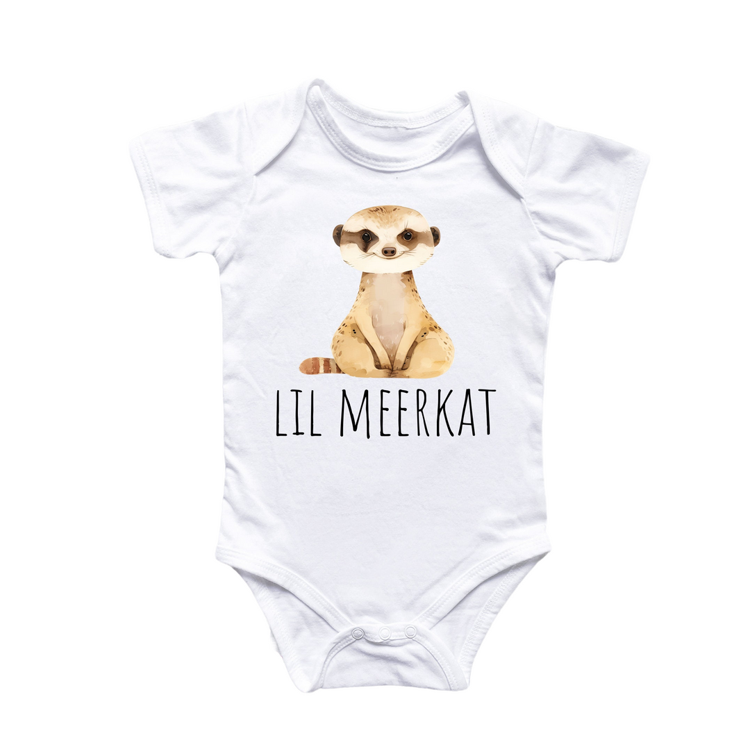 a baby bodysuit with a picture of a meerkat