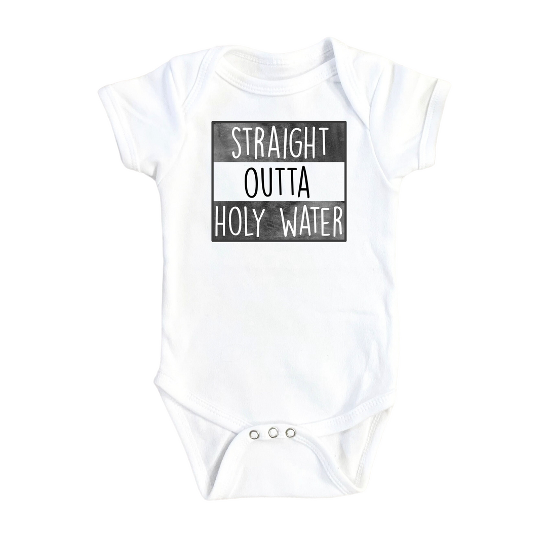 a white bodysuit with the words straight out of the water on it