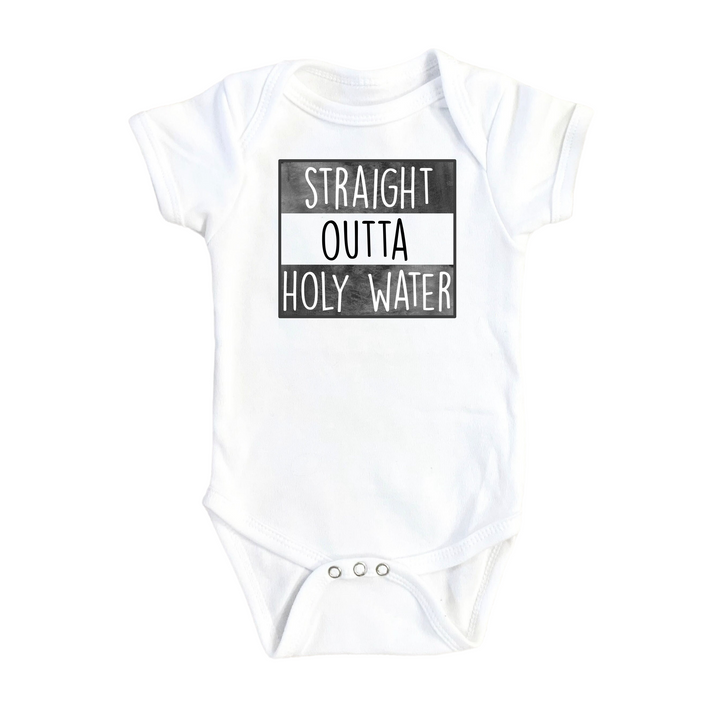 a white bodysuit with the words straight out of the water on it