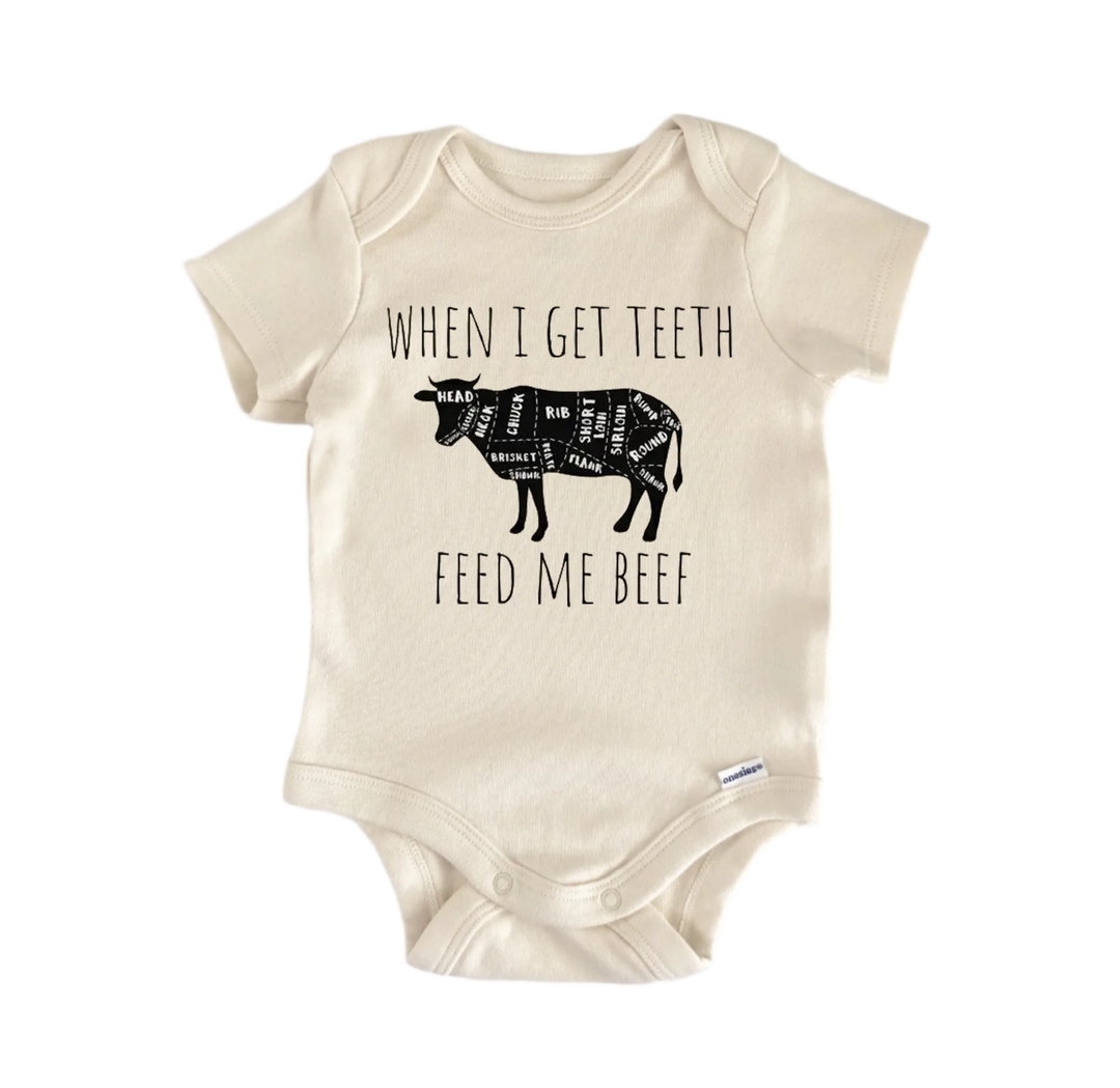 a baby onesie with a humorous text and graphic design.