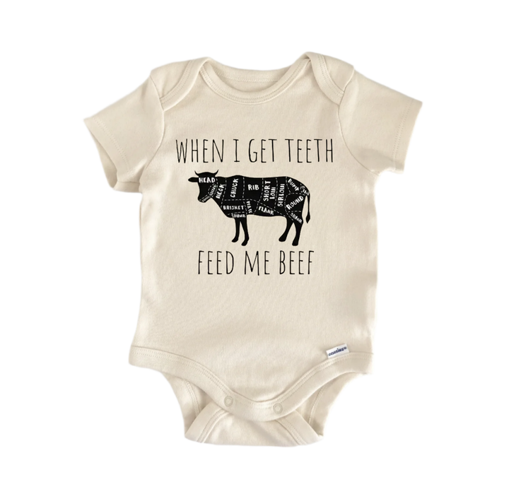 a baby onesie with a humorous text and graphic design.