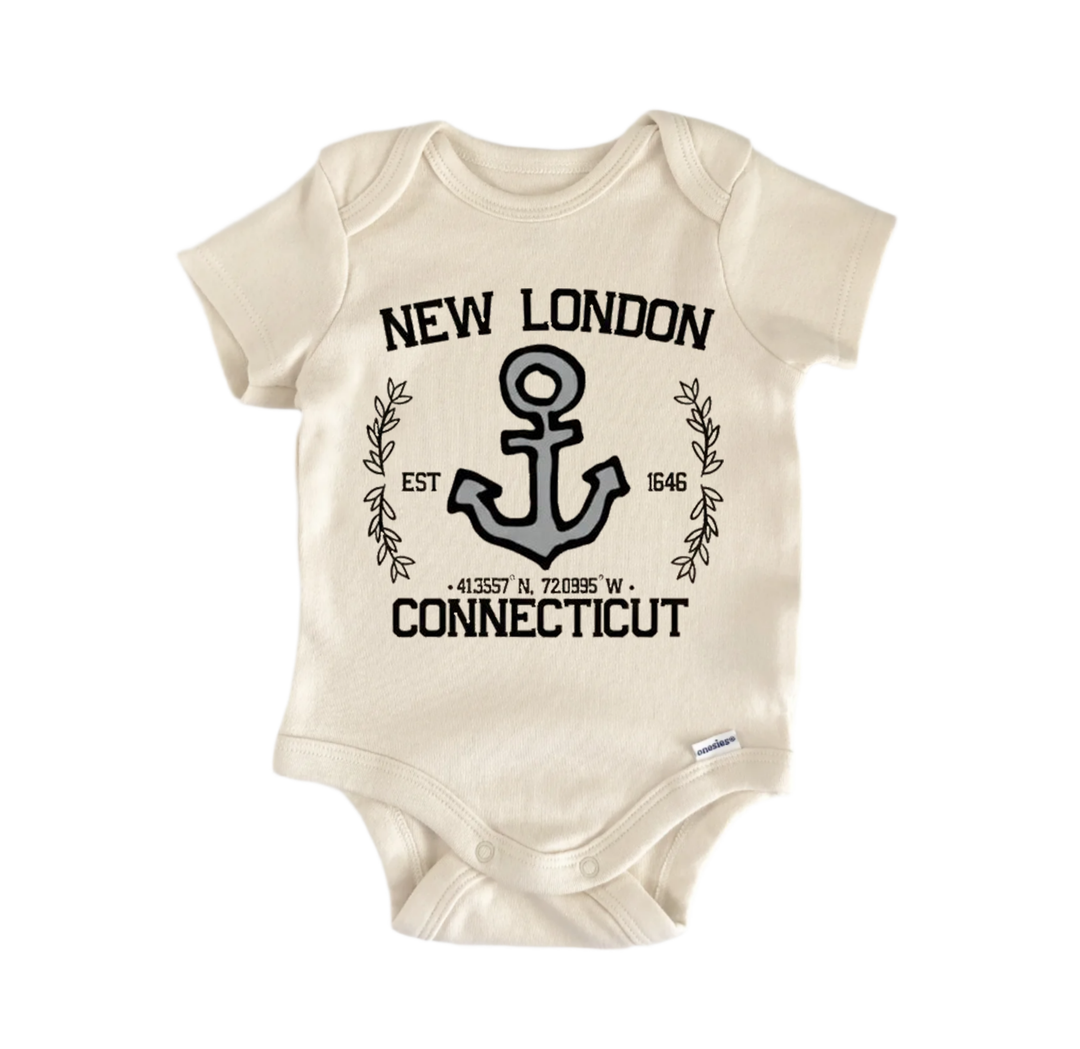 A beige baby onesie with a graphic design featuring an anchor and text that reads "NEW LONDON EST. 1646 CONNECTICUT".