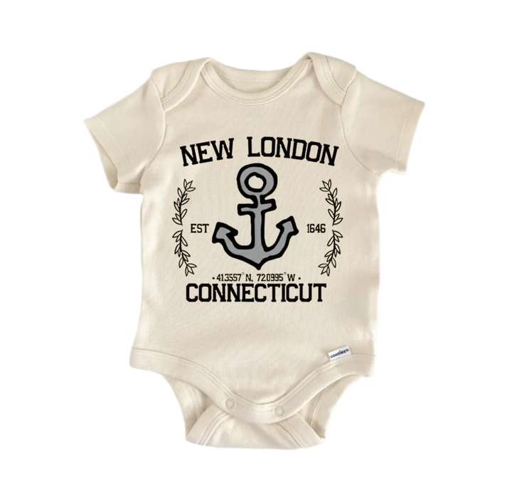 A beige baby onesie with a graphic design featuring an anchor and text that reads "NEW LONDON EST. 1646 CONNECTICUT".