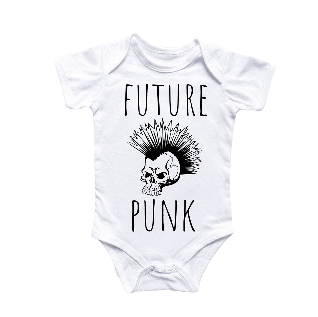 a white bodysuit with a punk design on it