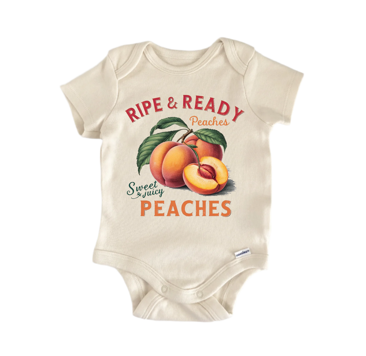 a baby onesie with a graphic of peaches and the text "Ripe & Ready Peaches Sweet & juicy" printed on it.