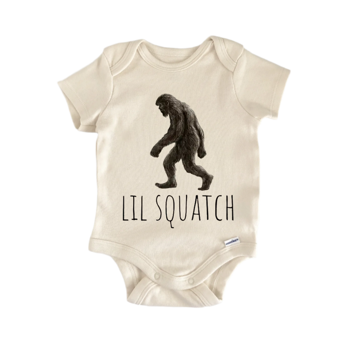 A baby onesie with a graphic of a Sasquatch and the text "LIL SQUATCH" printed on it.
