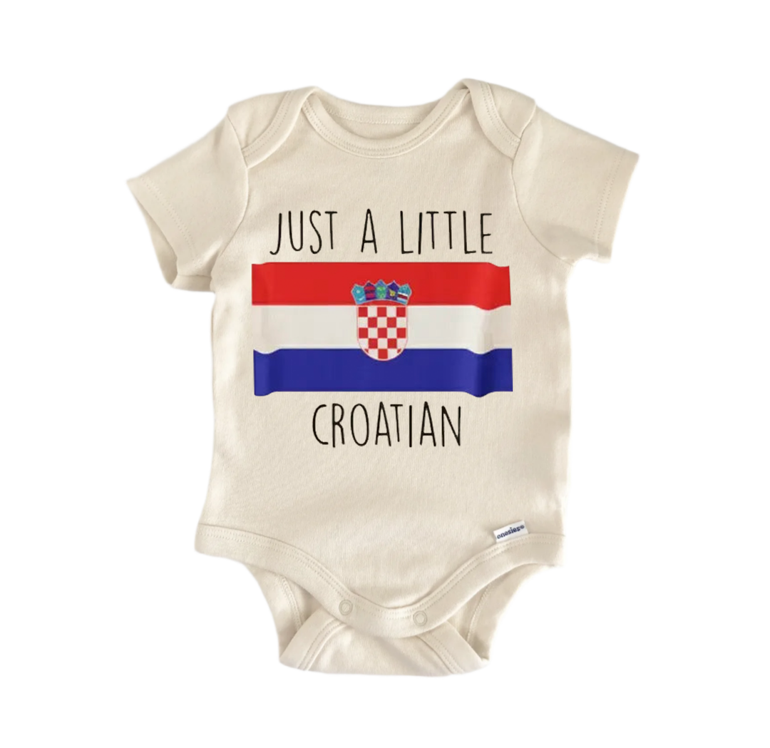 A beige baby onesie with the text "JUST A LITTLE CROATIAN" printed on it, along with a small Croatia flag design.