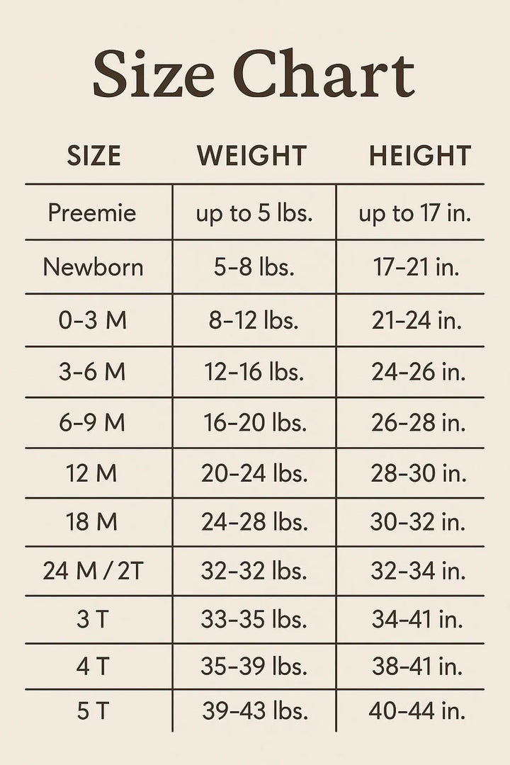 The image is a size chart that provides the weight and height measurements for different age groups, ranging from 0 to 5 years old.