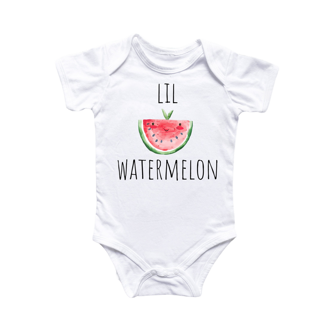 a white bodysuit with a watermelon print on it