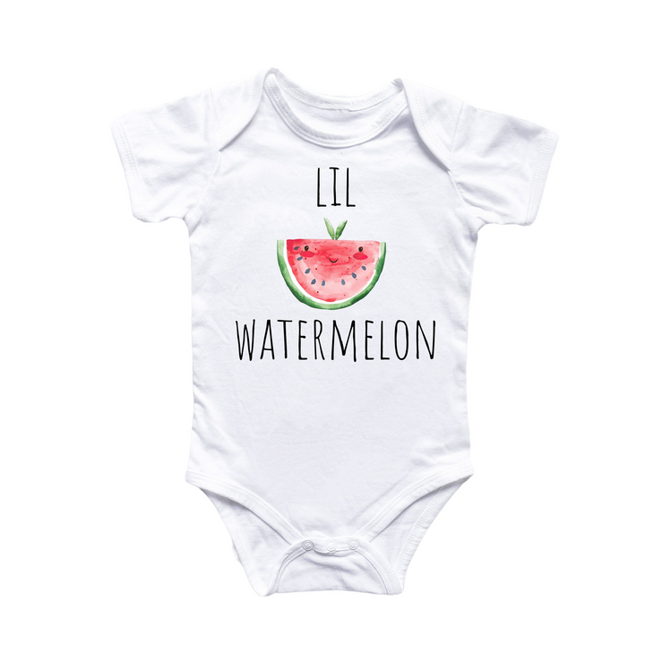 a white bodysuit with a watermelon print on it