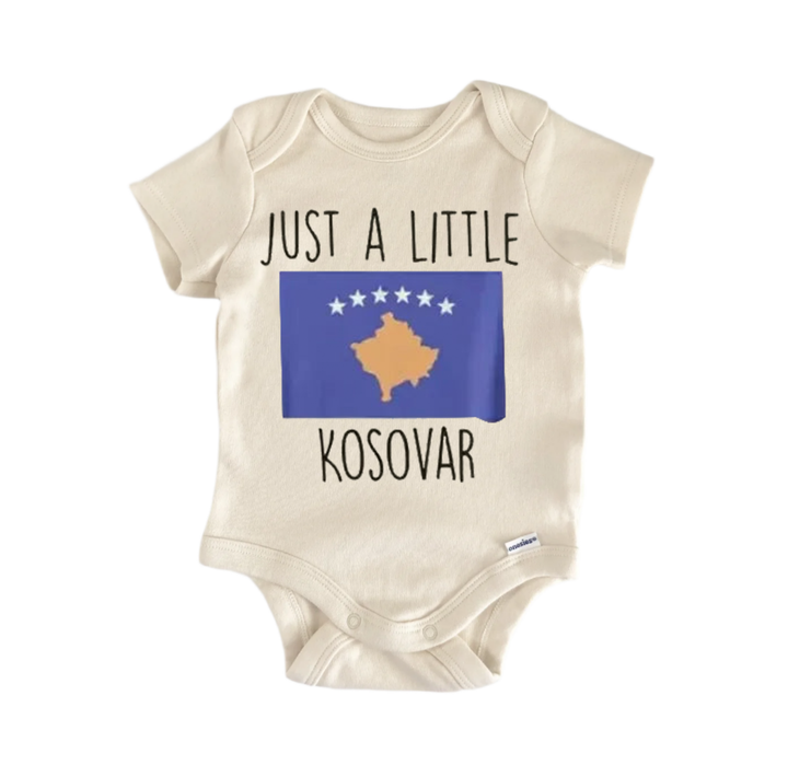 A beige baby onesie with a graphic of the map of Kosova and the text "Just a little Kosova" printed on it.