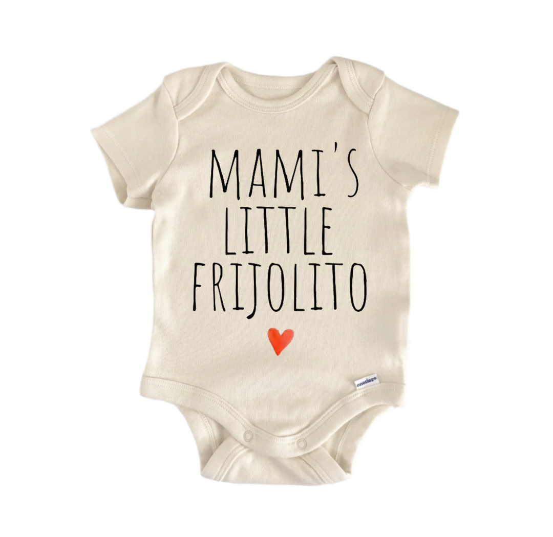 A beige baby onesie with the text "MAMI'S LITTLE FRJOLITO" printed on it.