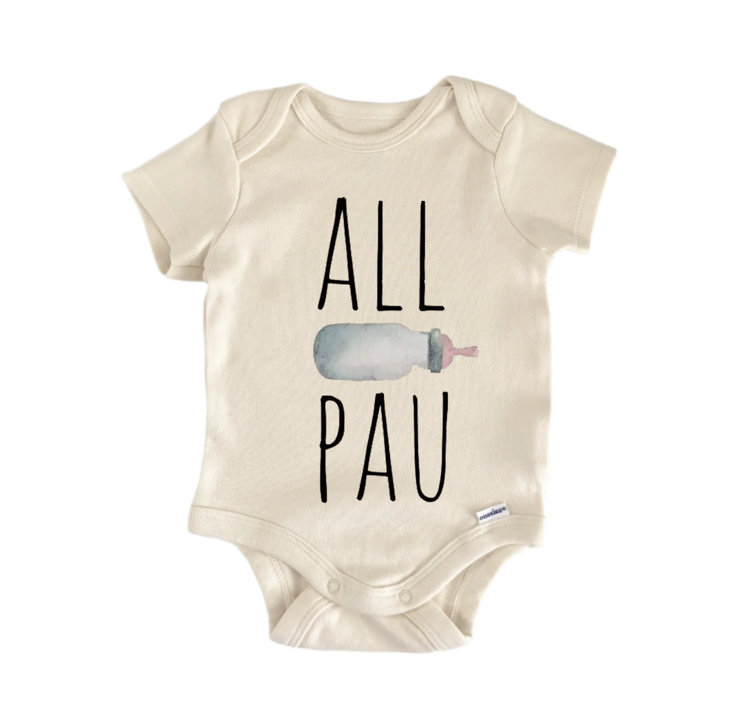 A beige baby onesie with the text "ALL PAU" printed on it.