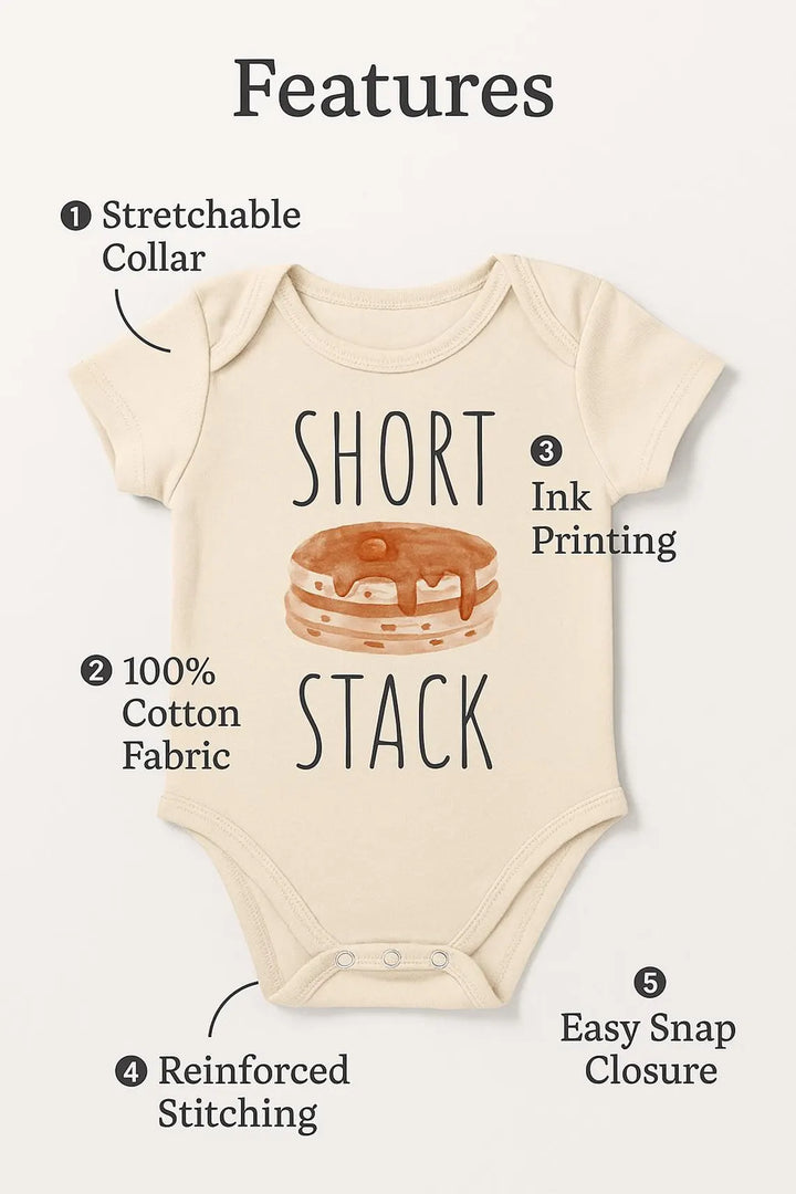 a baby onesie with a short neckline and a stretchable collar. The short stack fabric is 100% cotton, and the easy snap closure is reinforced.