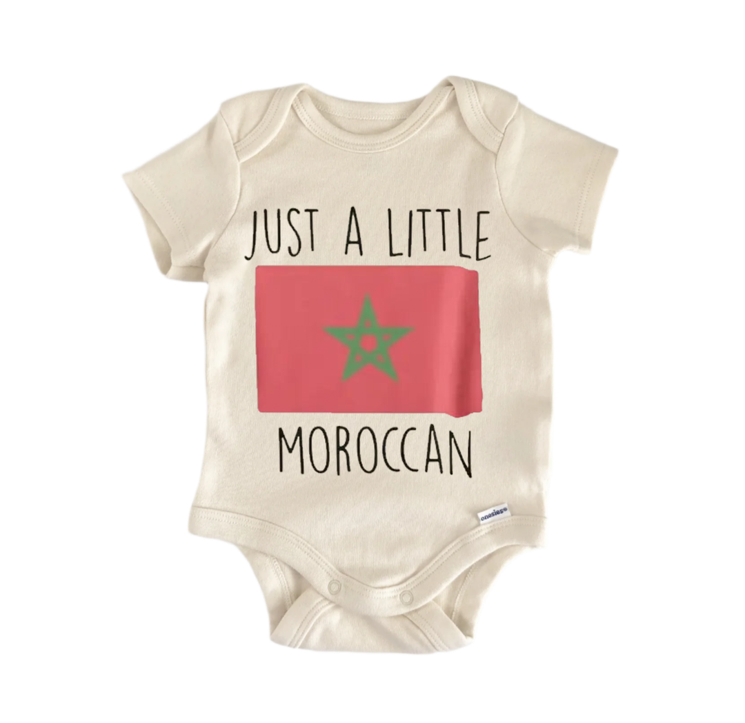 A beige baby onesie with a red and green graphic of the Moroccan flag and the text "Just a little Moroccan" printed on it.