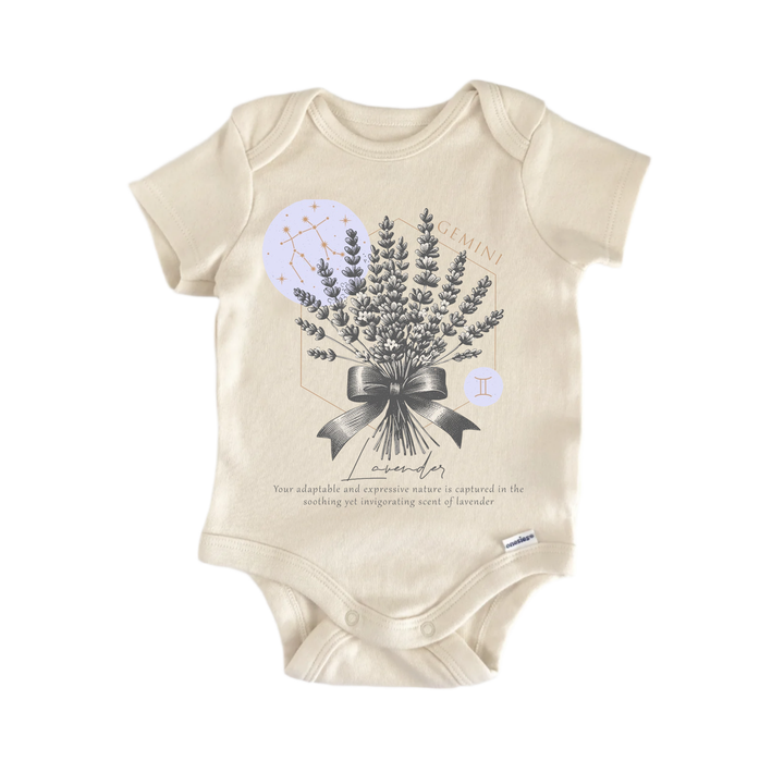 A beige baby onesie with a graphic design featuring a bouquet of flowers and a zodiac symbol, along with a quote about the nature of love.