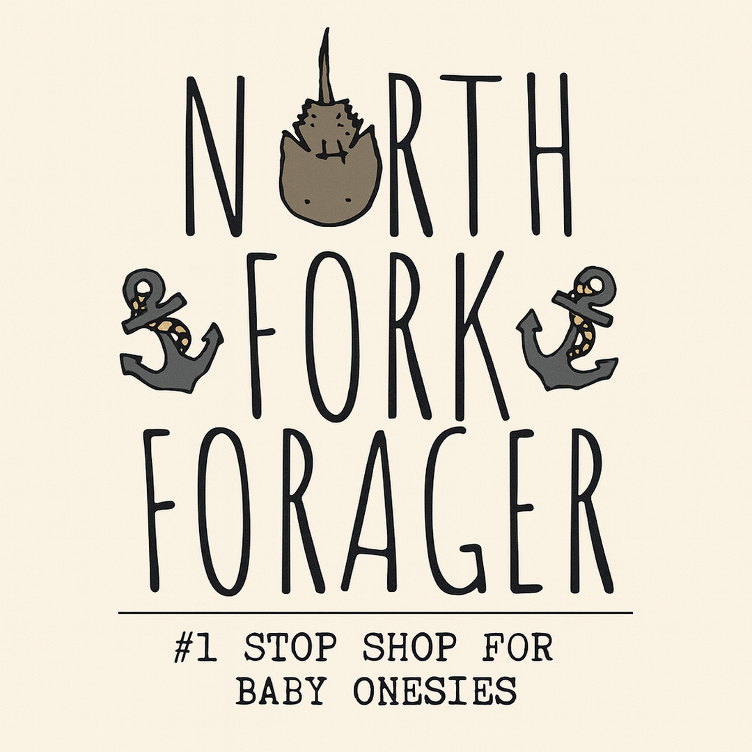 a logo for a company called "North Fork Forager". The logo features a cat sitting on top of an anchor, with the text "North Fork Forager" written below. The company's slogan, "Stop Shop For Baby Onesies", is also included in the image.