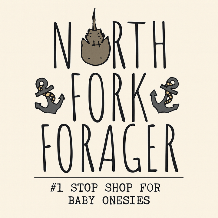 a logo for a company called "North Fork Forager". The logo features a cat sitting on top of an anchor, with the text "North Fork Forager" written below. The company's slogan, "Stop Shop For Baby Onesies", is also included in the image.