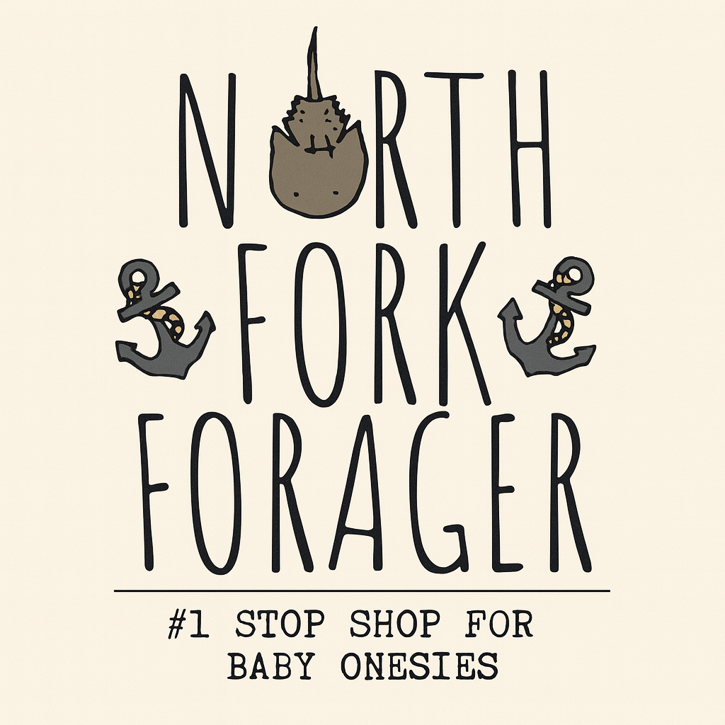 a logo for a company called "North Fork Forager". The logo features a cat sitting on top of an anchor, with the text "North Fork Forager" written below. The company's slogan, "Stop Shop For Baby Onesies", is also included in the image.