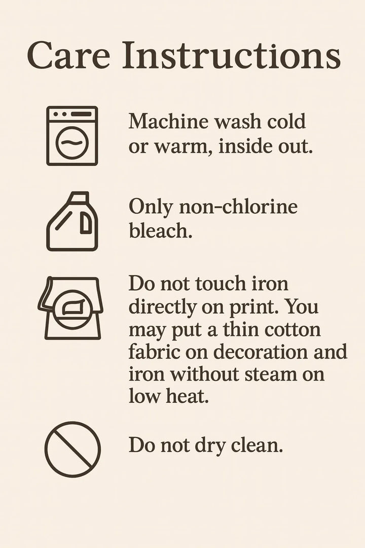 care instructions for washing clothes, including machine washing instructions, non-chlorine bleach usage, and ironing guidelines.