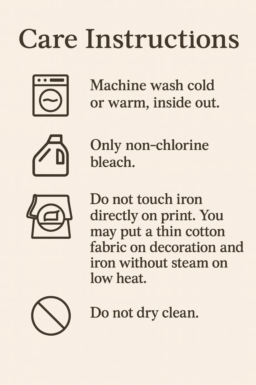 care instructions for washing clothes, including machine washing instructions, non-chlorine bleach usage, and ironing guidelines.