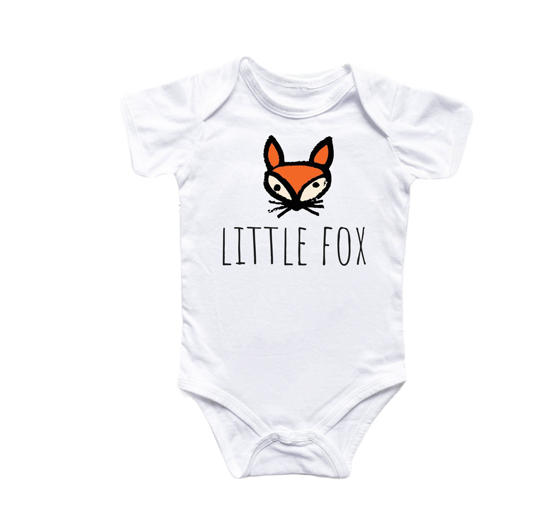 a white bodysuit with a picture of a fox on it