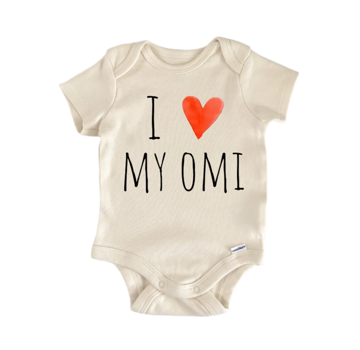 A beige baby onesie with the text "I ♥ MY OMI" printed on it.