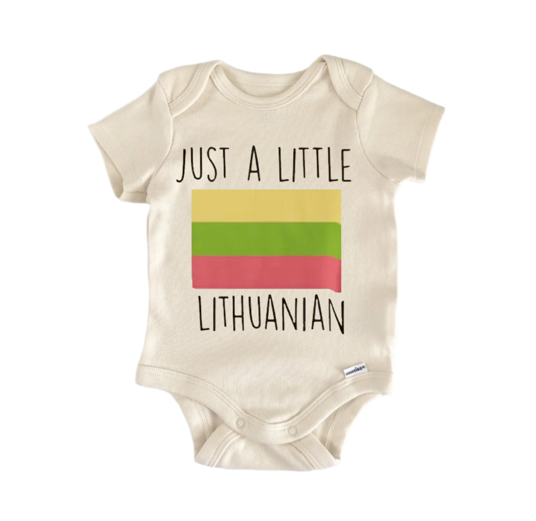 A baby onesie with the text "JUST A LITTLE LITHUANIAN" printed on it.