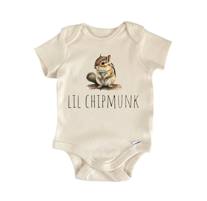 A beige baby onesie with a printed image of a chipmunk and the text "LIL CHIPMUNK" printed on it.