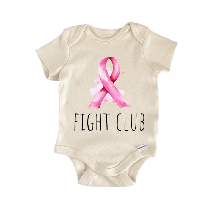 A beige baby onesie with a pink ribbon and the text "FIGHT CLUB" printed on it.