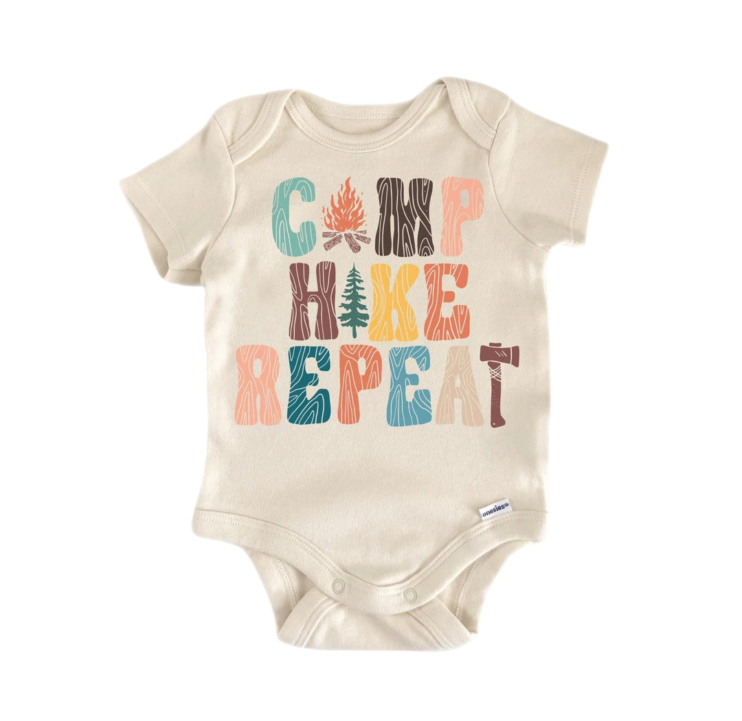 Camp Camping Hike Repeat - Baby Boy Girl Clothes Infant Bodysuit Funny Cute Newborn  Funny Cute Onesie® | North Fork Forager LLC