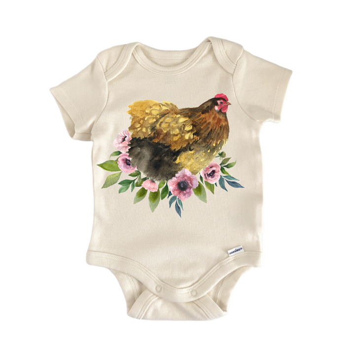 Chicken Coop Farm Pink Floral Brown - Baby Bodysuit  Funny Cute Onesie® | North Fork Forager LLC