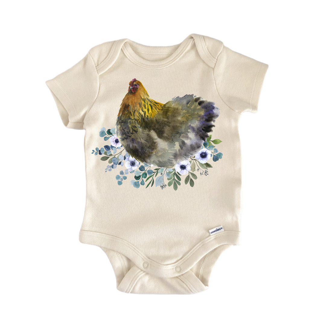 Chicken Floral Farm Blue - Baby Bodysuit  Funny Cute Onesie® | North Fork Forager LLC