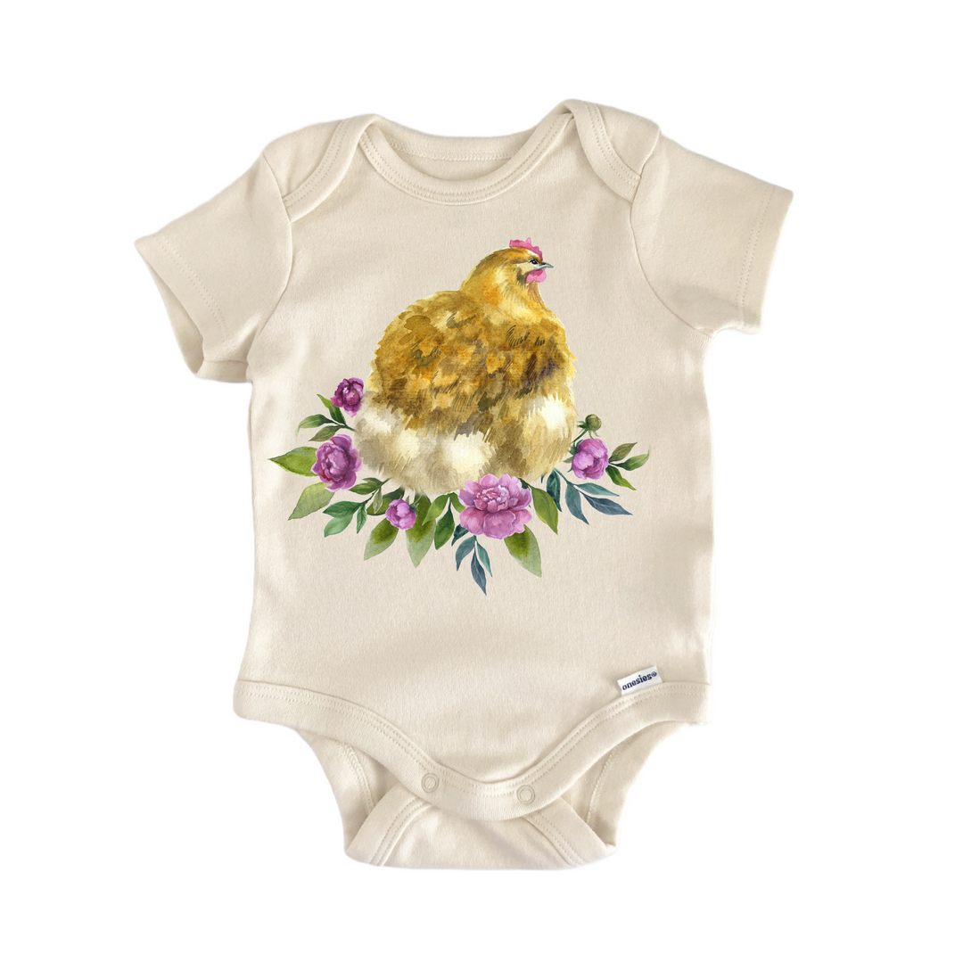 Chicken Hen Purple Floral Farm - Baby Bodysuit  Funny Cute Onesie® | North Fork Forager LLC